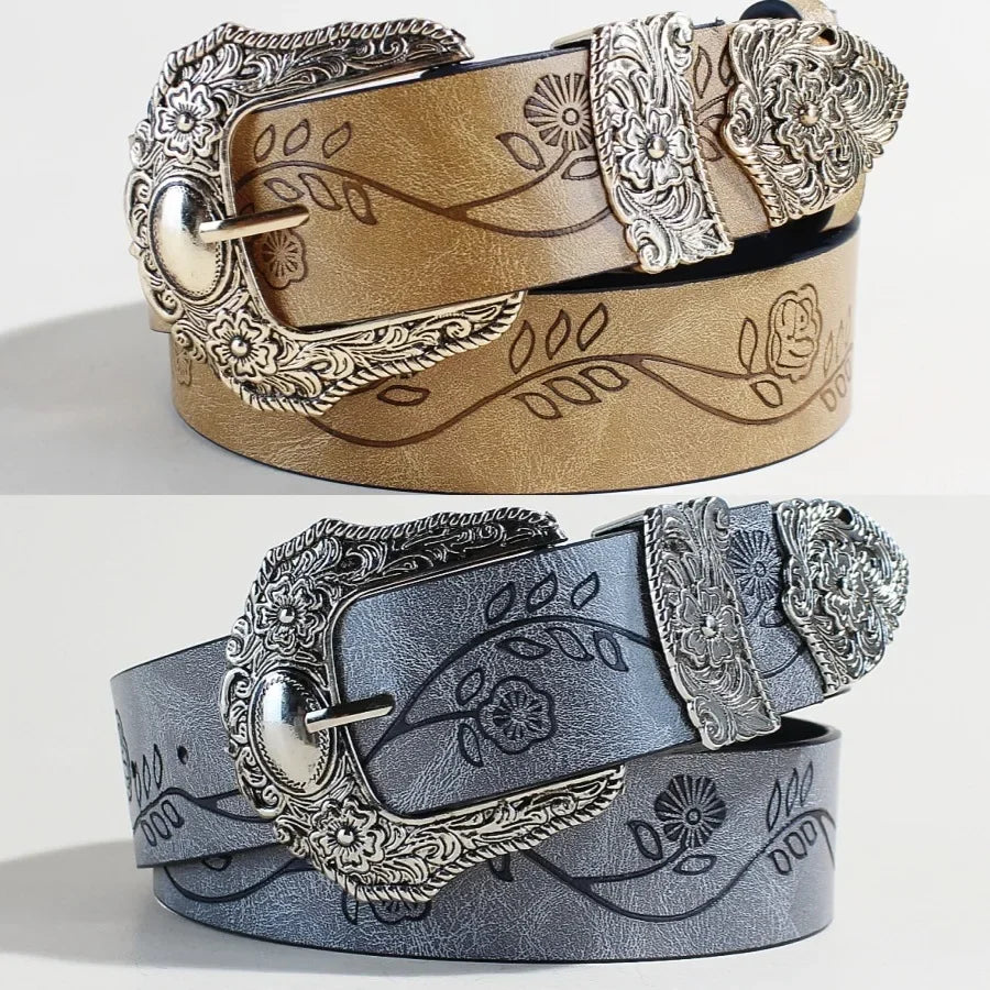 Goth Vintage Pattern Print Belt - Designer Metal Buckle PU Leather Y2K Waistband Belt LUNARITY GARAGE