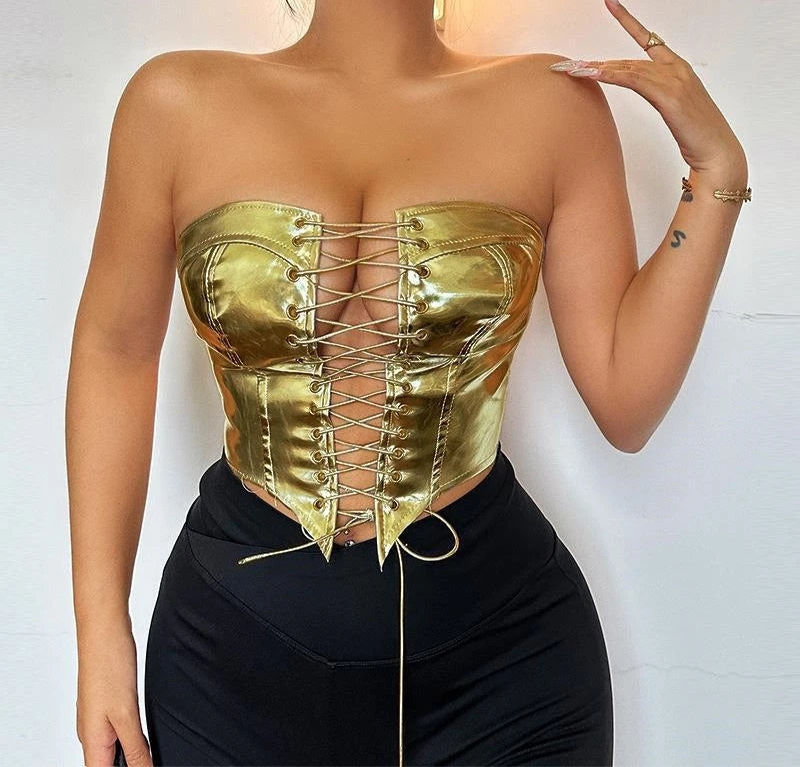 Women PU Leather Bustier Crop Top with Asymmetrical Strapless Lace-Up Design Tops LUNARITY GARAGE