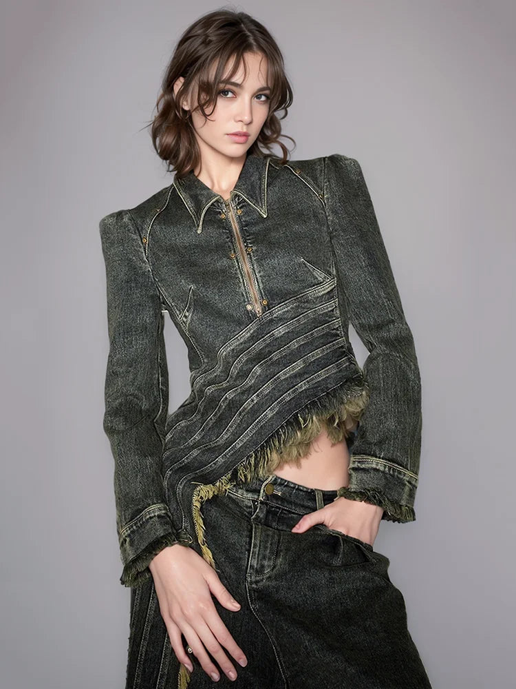 Denim Coat Lapel Zipper Short Patchwork Washed Tassel Slim Streetwear Jacket jackets LUNARITY GARAGE Gray-Blue S