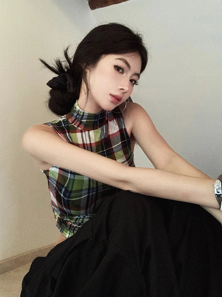 Vintage Plaid Sleeveless Crop Top - American Retro Grunge Y2K Tank crop top LUNARITY GARAGE