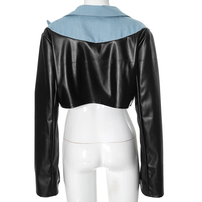 PU Leather Patchwork Denim Crop Jacket – High Street Trendsetter for Women Jackets LUNARITY GARAGE