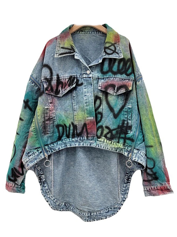 Women’s Graffiti Patchwork Denim Jacket – Bold & Artistic Streetwear Jackets Lunarity Garage Blue One Size