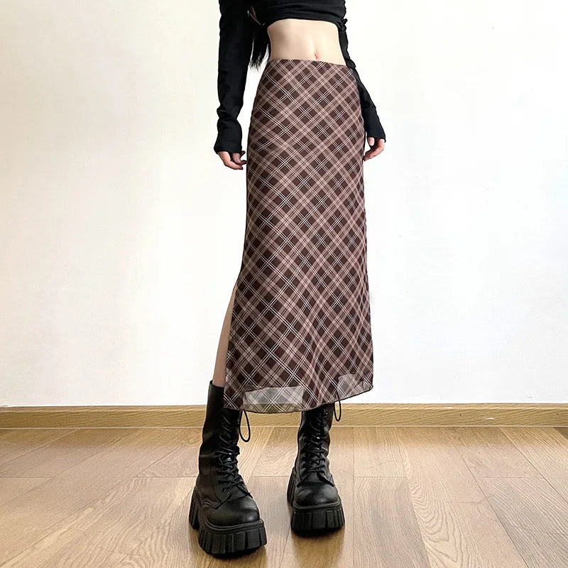 Plaid Print Wrap Pencil Skirt – Vintage Elegance with a Modern Twist Skirts LUNARITY GARAGE Chocolate S