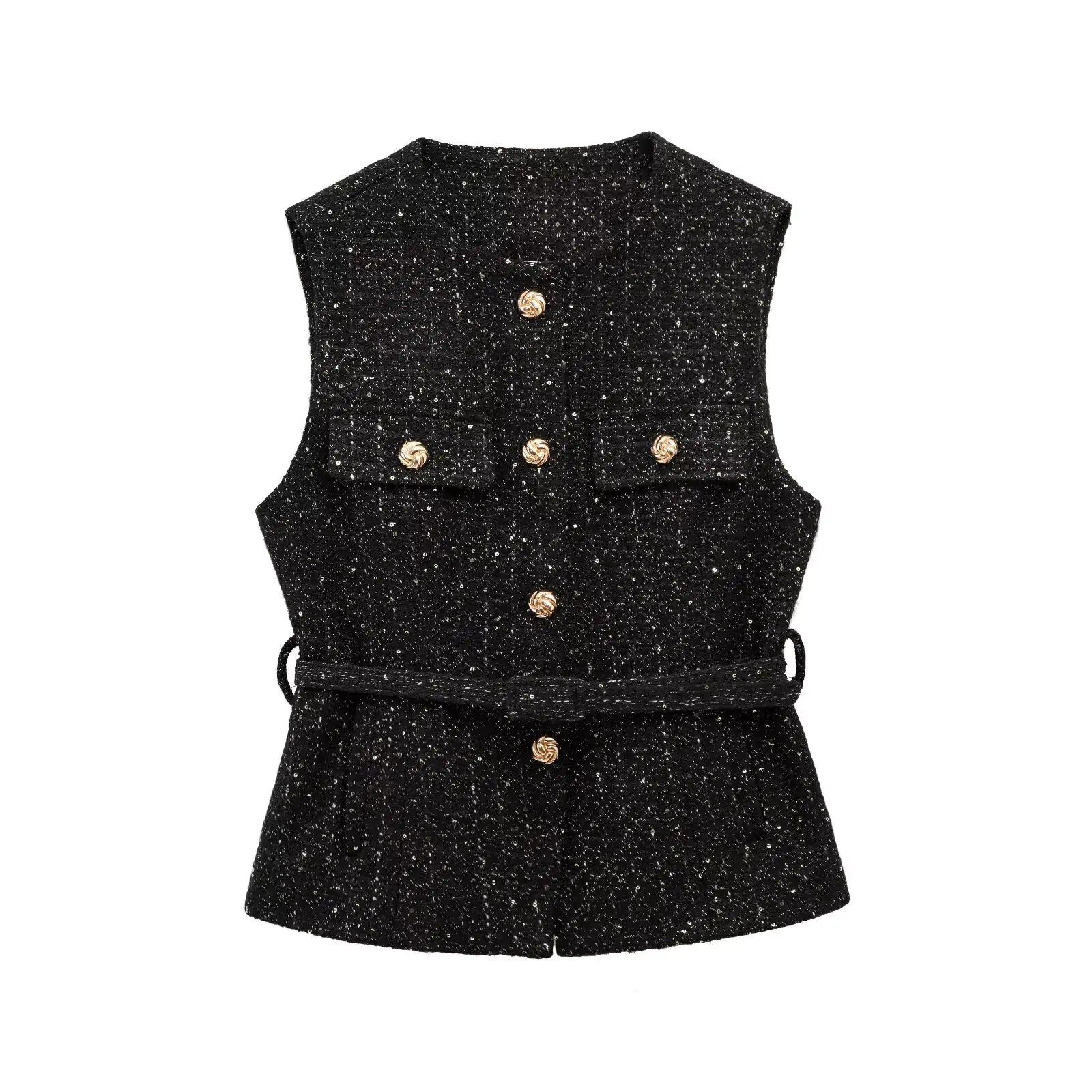 Women's Chic O-Neck Sleeveless Texture Vest Top | Elegant Button Pockets Casual Waistcoat Tops LUNARITY GARAGE Black XS