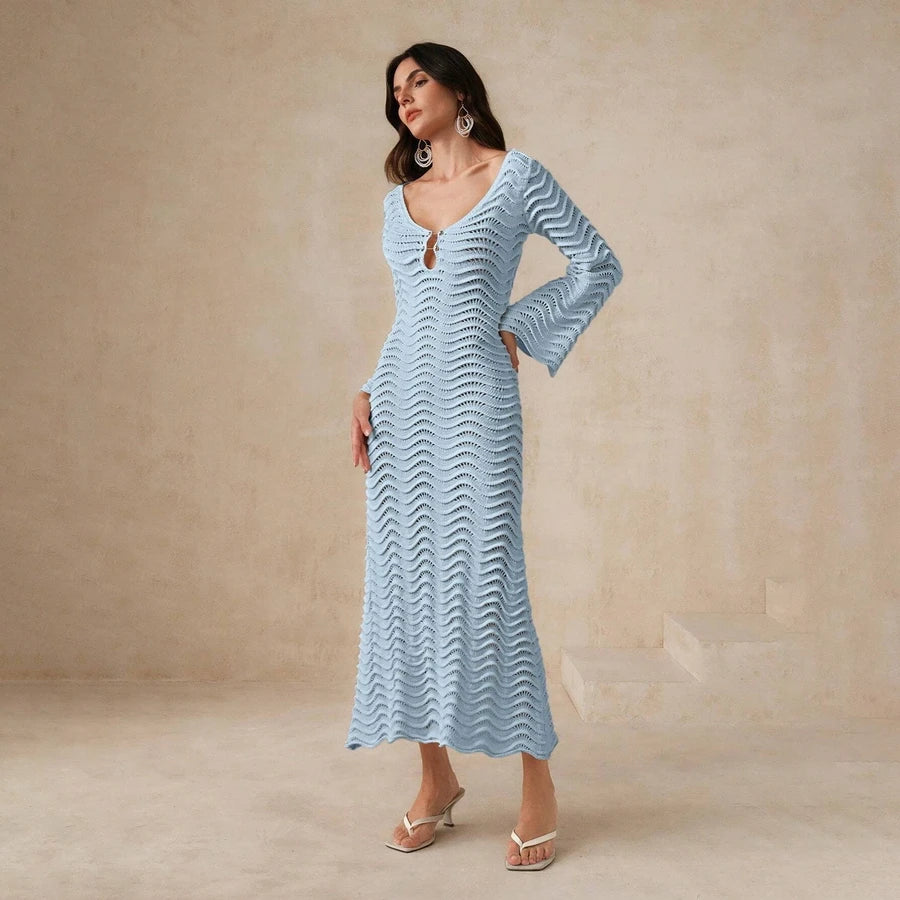 Crochet Fishtail Flare Sleeve Maxi Dress | Knit Beach Hollow Out Deep V-Neck Bikini Cover-Up covers up LUNARITY GARAGE