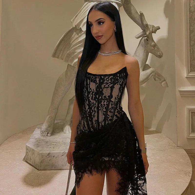 White Lace Asymmetric Corset Mini Dress | Sexy Strapless Clubwear Dress LUNARITY GARAGE