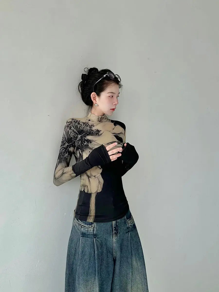 Vintage Floral Print Turtleneck T-Shirt - Korean Long Sleeve Tunic Tee BLOUSE LUNARITY GARAGE