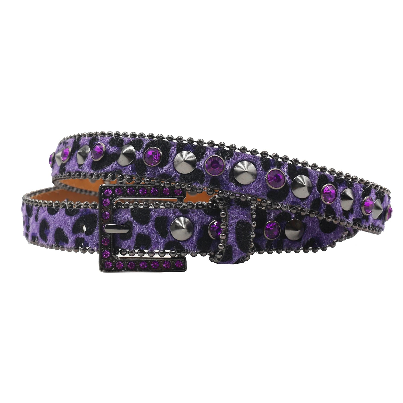 Women’s Rhinestone Leopard Belt – Western Crystal Square Buckle belt LUNARITY GARAGE BW-Purple 95CM