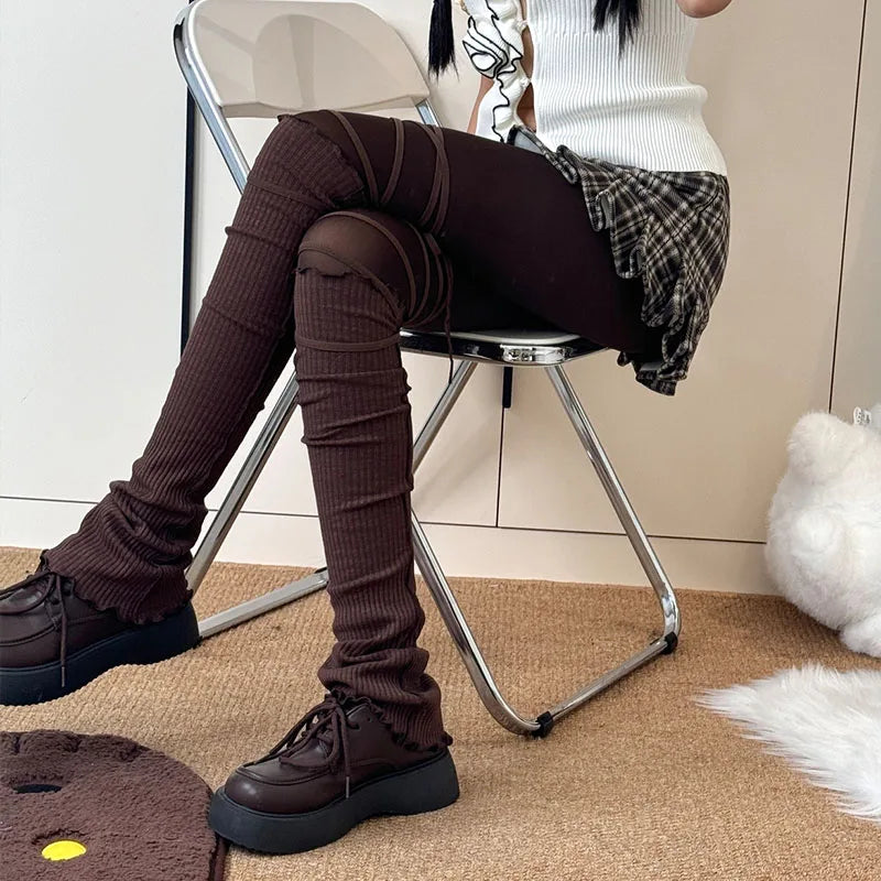 Women's Punk DIY Strappy Knee-High Ballet Socks – Y2K Lolita Gothic Japanese JK Mid Tube Stockings Leg Warmers LUNARITY GARAGE