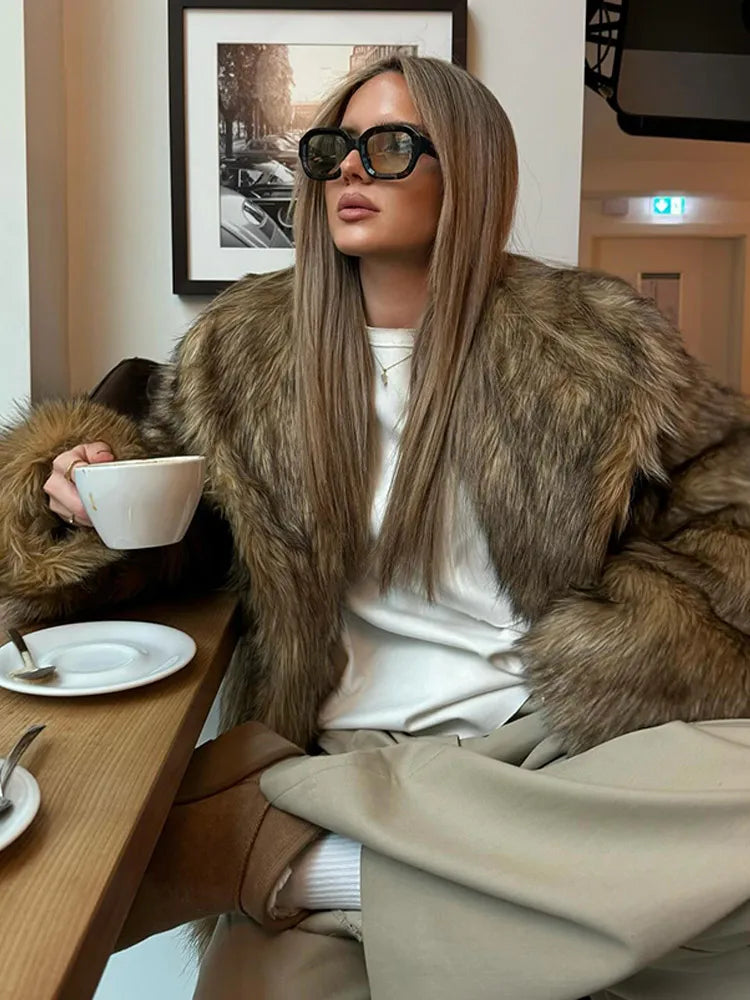 Winter Luxury Lapel Thicken Fluffy Fur Coat – Chic Brown Oversized Plush Jacket Jackets LUNARITY GARAGE