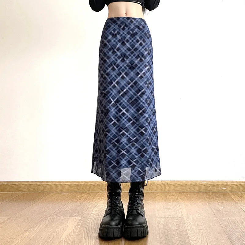 Plaid Print Wrap Pencil Skirt – Vintage Elegance with a Modern Twist Skirts LUNARITY GARAGE Blue S