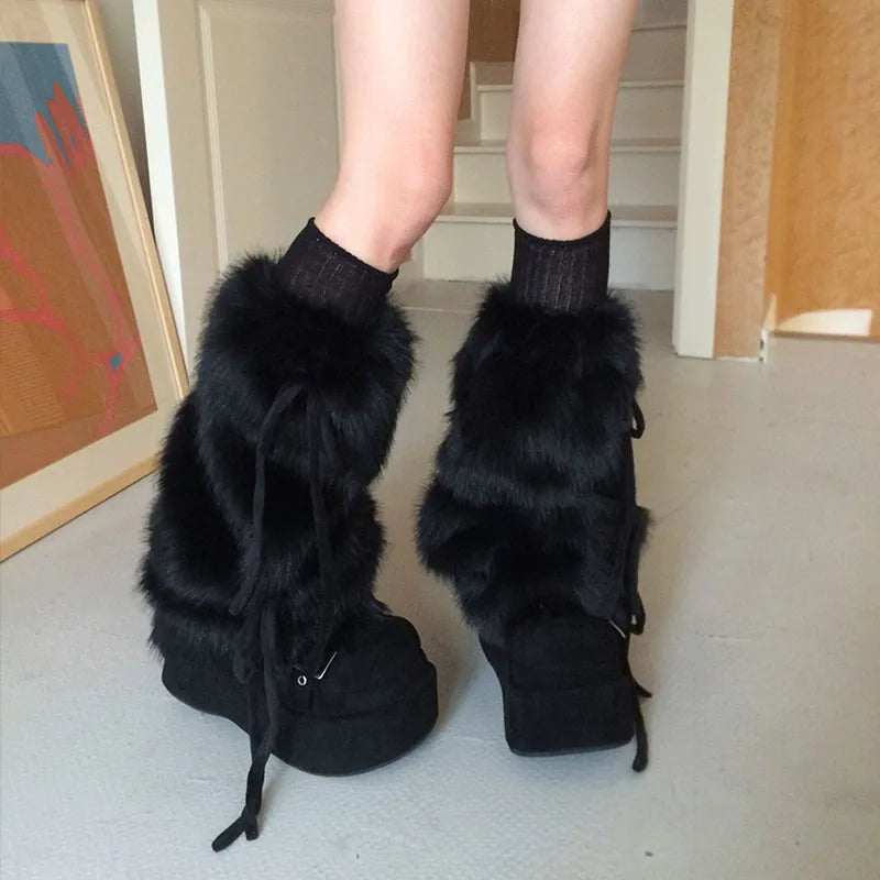Punk Bow Tie Faux Rabbit Fur Leg Warmers – Y2K Winter Plush Boot Covers for Cold Weather Leg Warmers LUNARITY GARAGE Black 45-50cm