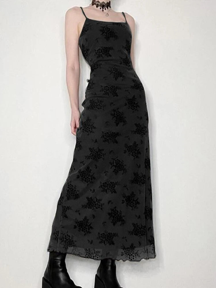 Gothic Black Summer Dress Women Streetwear Lolita Floral Print Sleeveless Mesh Patchwork Sexy Dress Party Club Elegant Dresses dress LUNARITY GARAGE Black S
