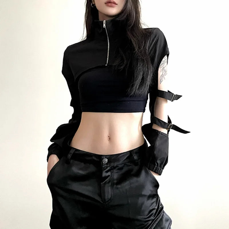 Cyber Techwear Zip-Up Turtleneck Hollow-Out Cargo Crop Jacket Jackets Lunarity Garage