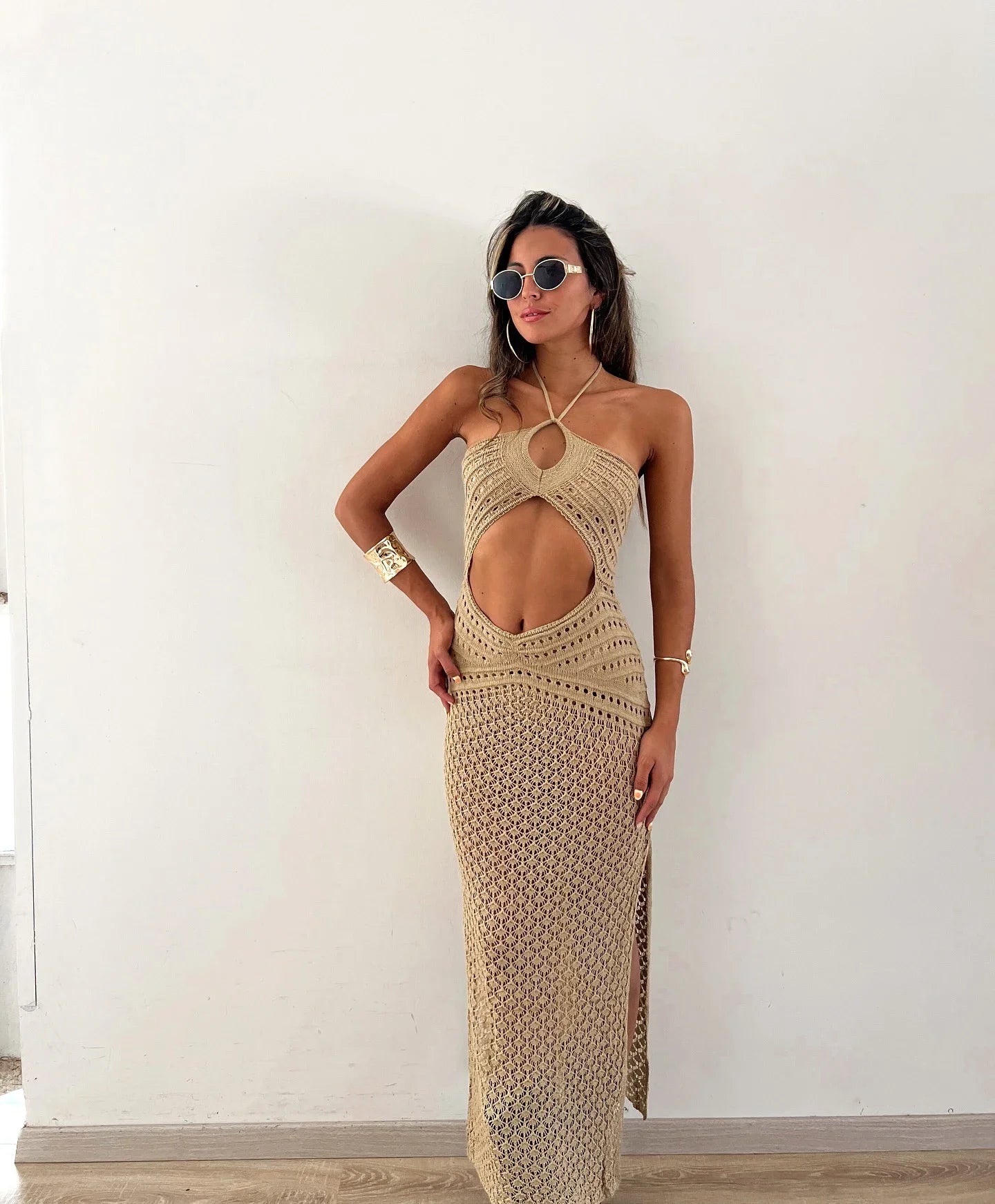 Ethereal Glamour: The Sexy White Halter Knit Maxi Dress cover ups LUNARITY GARAGE Khaki S