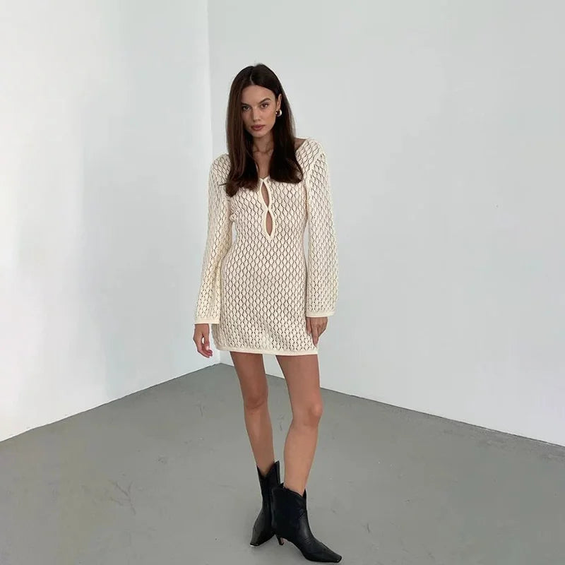 Long Sleeve Cut Out Backless Crochet Knitted Tunic | Beach Cover-Up Dress for Women cover up LUNARITY GARAGE Beige S