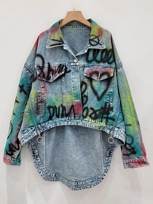 Women’s Graffiti Patchwork Denim Jacket – Bold & Artistic Streetwear Jackets Lunarity Garage Blue One Size