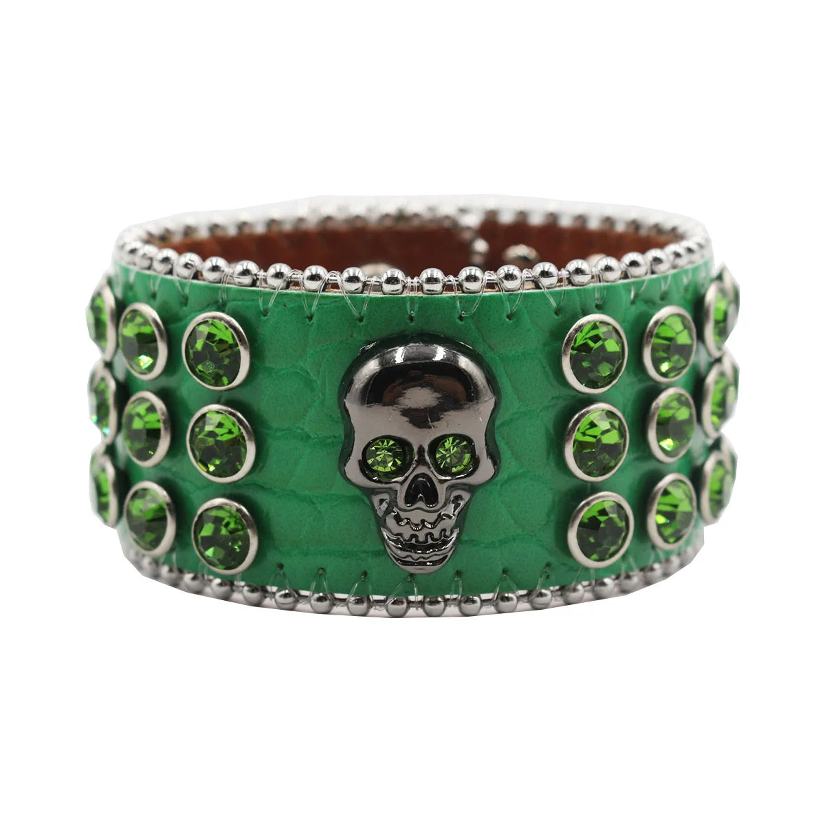 Wide Rhinestone Skull Bracelet – PU Leather Statement Cuff Bracelets LUNARITY GARAGE Green
