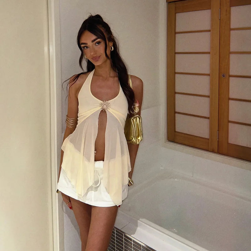 Halter Tie-Back Sheer Mesh Tank Top - Metal Accents Backless Y2K Vest Tank top LUNARITY GARAGE