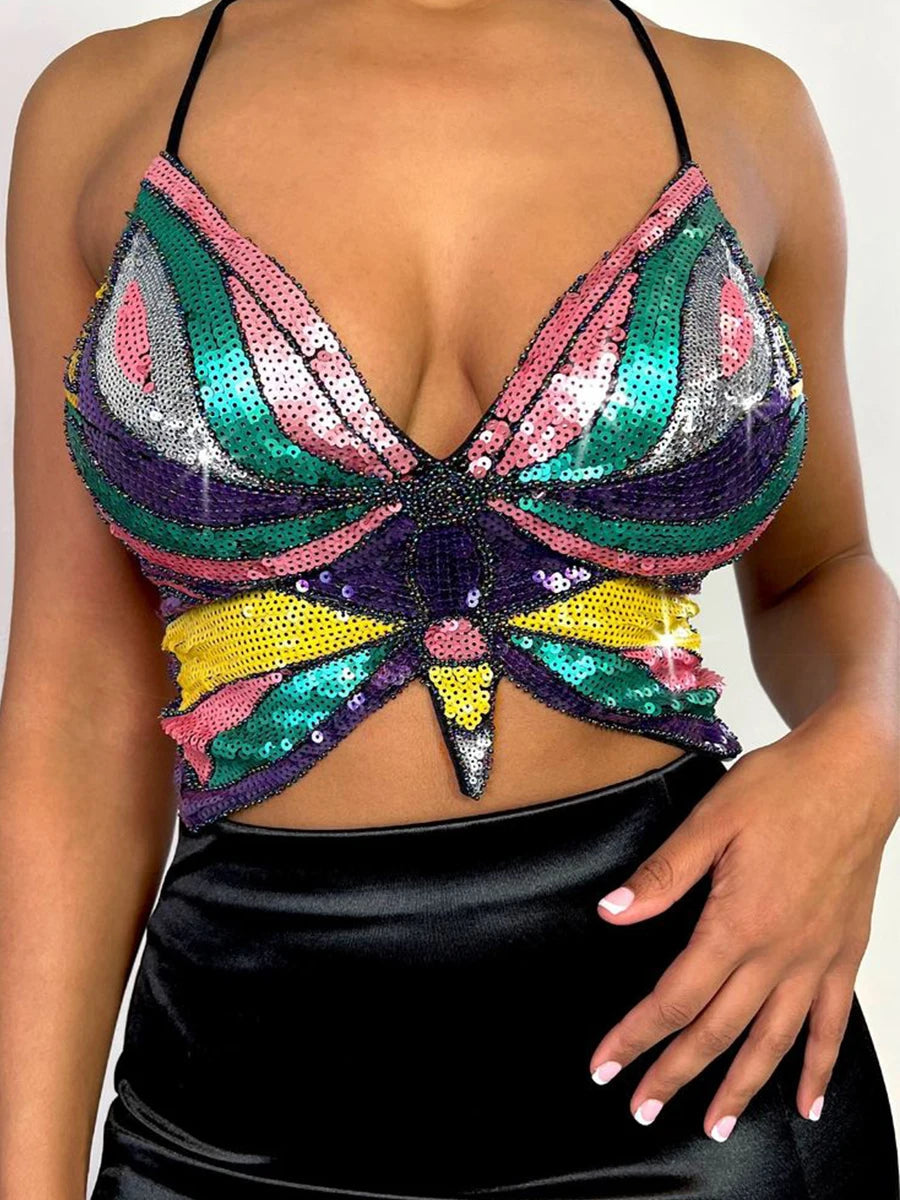 Y2K Pink Butterfly Halter Crop Top – Dazzle in Style LUNARITY GARAGE