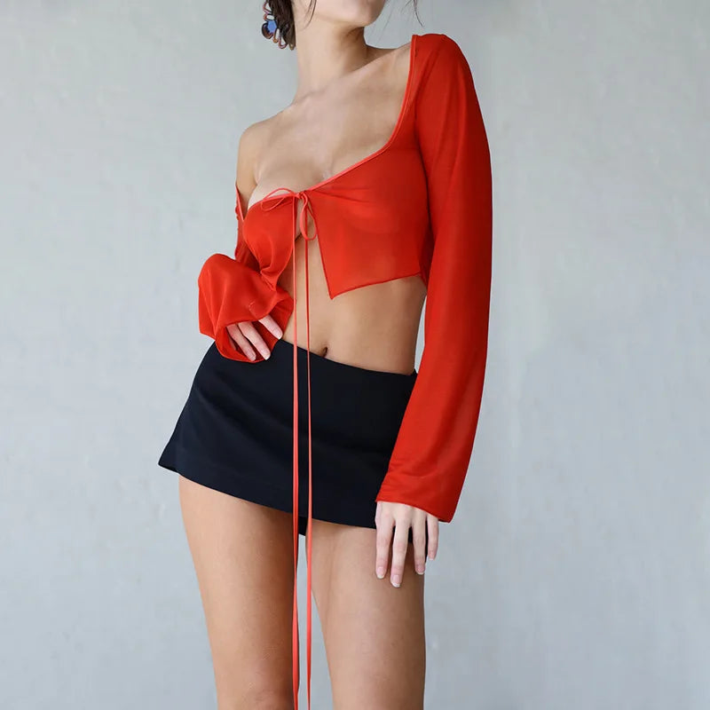 Vintage Aesthetic Y2K Mesh Crop Top – Lace-Up Long Sleeve Grunge T-Shirt for Women crop top Lunarity Garage
