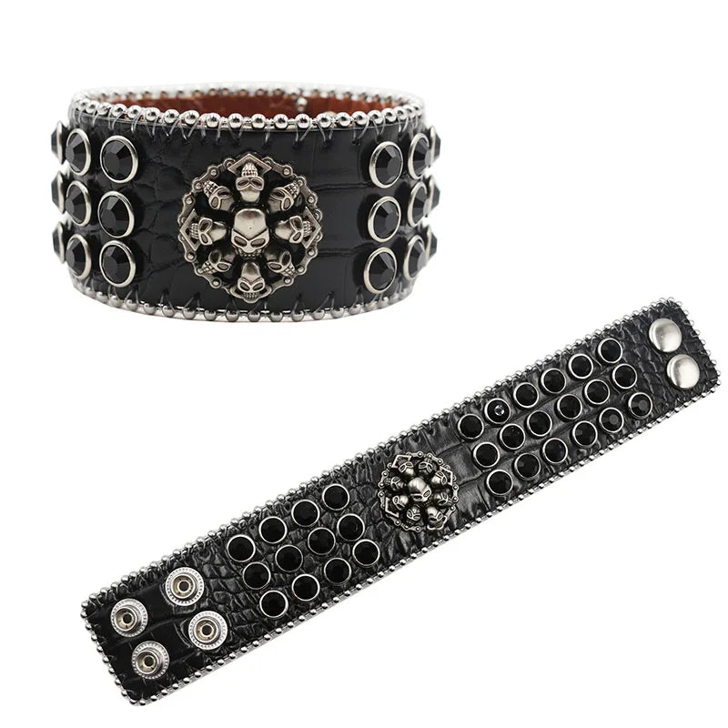 Exquisite Crystal Rhinestone Skull Cross Bracelet – PU Leather Party Jewelry Bracelets LUNARITY GARAGE KLT02-Black