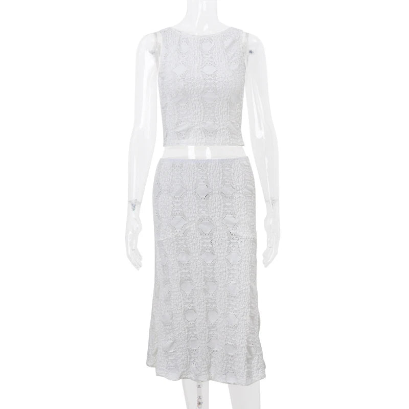 Y2K White Casual Two-Piece Set | Hollow Out Patchwork Cropped Tank Top & Maxi Skirt Clothing Set LUNARITY GARAGE