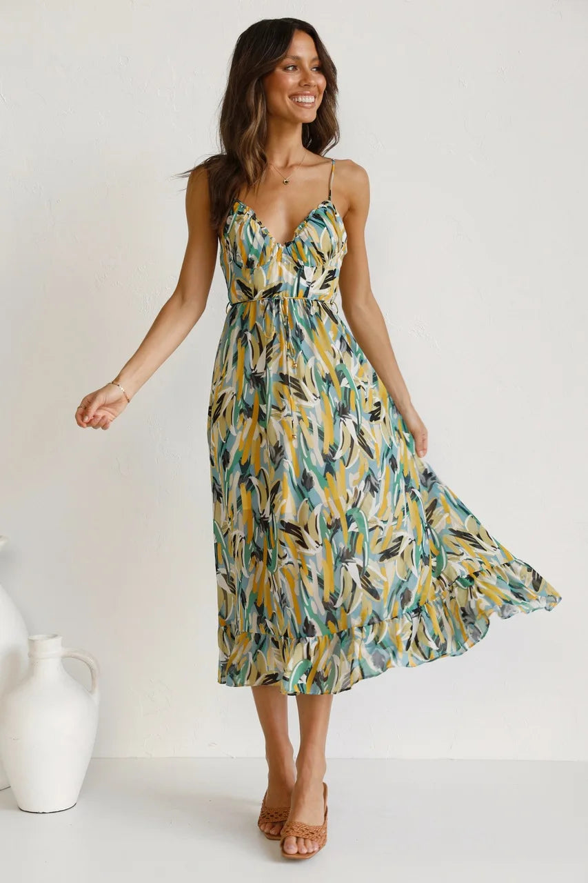 Bohemian Floral Print Mid-Calf Dress - Spaghetti Strap Sexy Casual Sundress Dress LUNARITY GARAGE