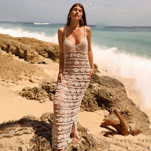 The Hollow Out Deep V-Neck Knit Maxi Beach Dress covers up LUNARITY GARAGE Apricot One Size