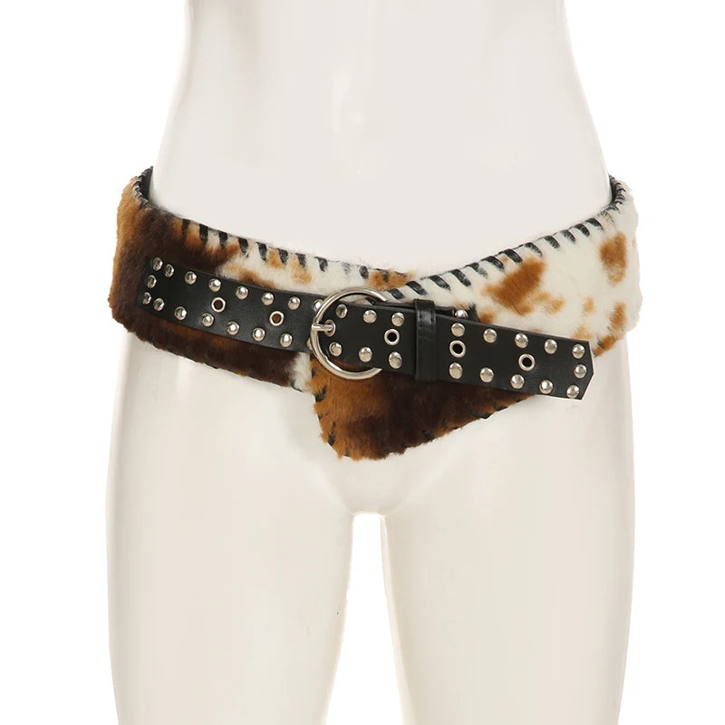 Y2K Vintage Faux Fur Patchwork Belt - Punk Western Cowboy Waistband Accessory Belt LUNARITY GARAGE
