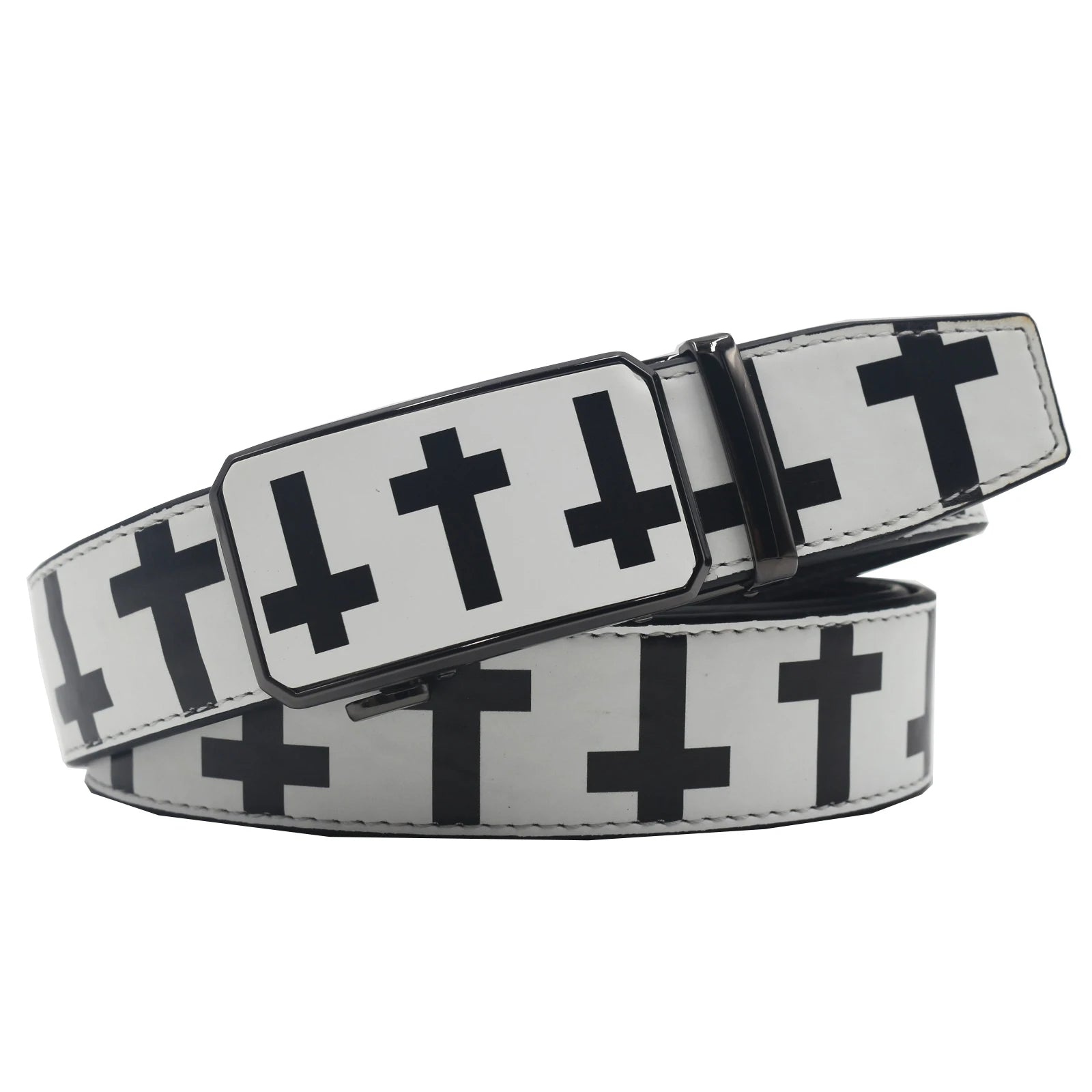 Elegant Hip Hop Automatic Buckle Belt – Luxury Vintage Print (3.5cm) belt LUNARITY GARAGE Cross-White 90cm