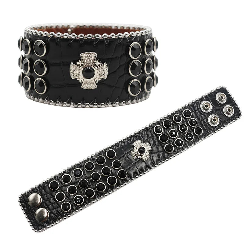 Exquisite Crystal Rhinestone Skull Cross Bracelet – PU Leather Party Jewelry Bracelets LUNARITY GARAGE BS02-Black