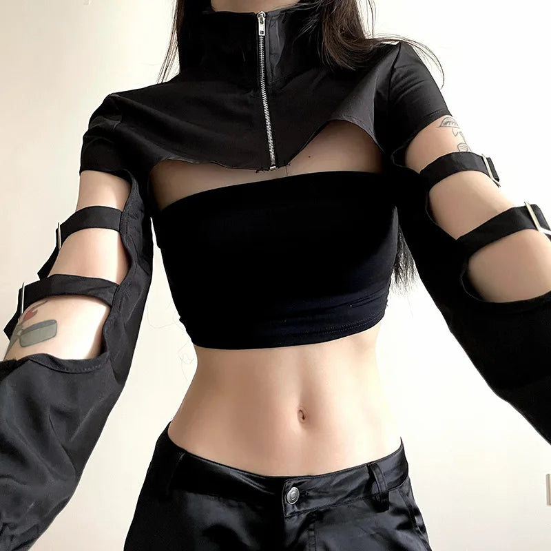 Cyber Techwear Zip-Up Turtleneck Hollow-Out Cargo Crop Jacket Jackets Lunarity Garage   