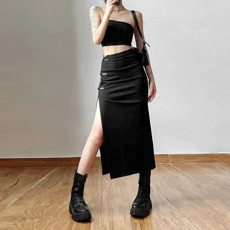 Black Split Casual Streetwear Skirt – Effortless Chic Skirts LUNARITY GARAGE