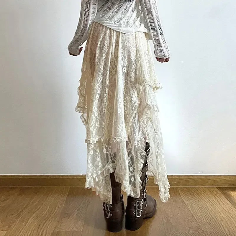 Lace Asymmetrical Skirt Fairycore Women Vintage Y2K Boho Aesthetic Fashion High Waist Mid Skirts Lady Holiday Outfits skirt LUNARITY GARAGE