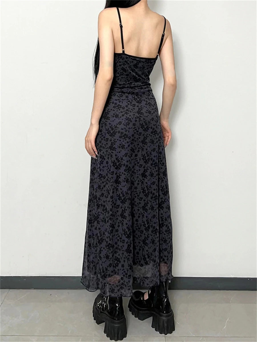 Retro Floral Print Spaghetti Strap Long Dress for Women dress LUNARITY GARAGE