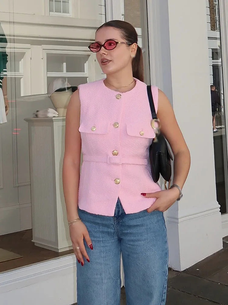 Women's Chic O-Neck Sleeveless Texture Vest Top | Elegant Button Pockets Casual Waistcoat Tops LUNARITY GARAGE