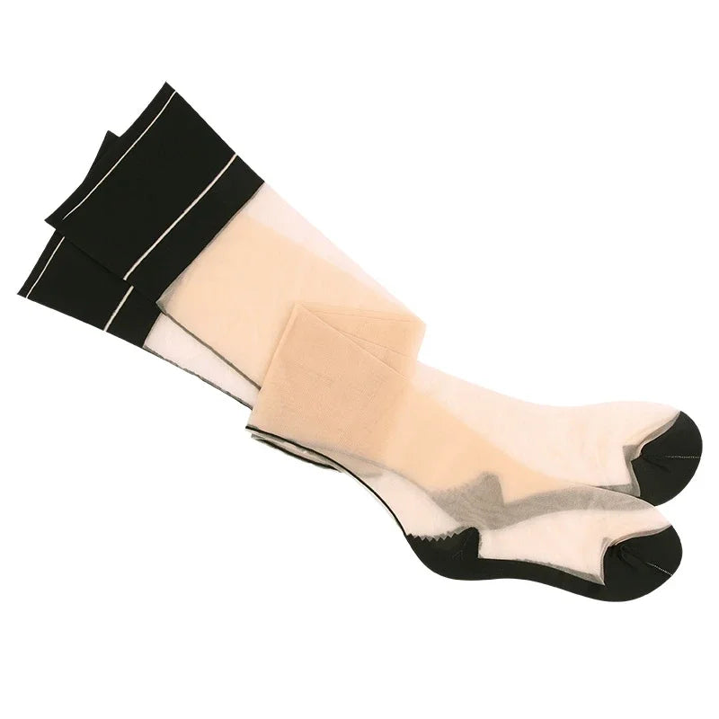 Contrast Color Rib Cut Edge Thigh High Stockings – Retro Cuban Heel Back Seam Stockings LUNARITY GARAGE Nude Black 2 Pair