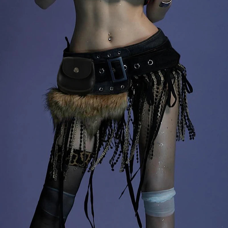Y2K Vintage Faux Fur Patchwork Belt - Punk Western Cowboy Waistband Accessory Belt LUNARITY GARAGE