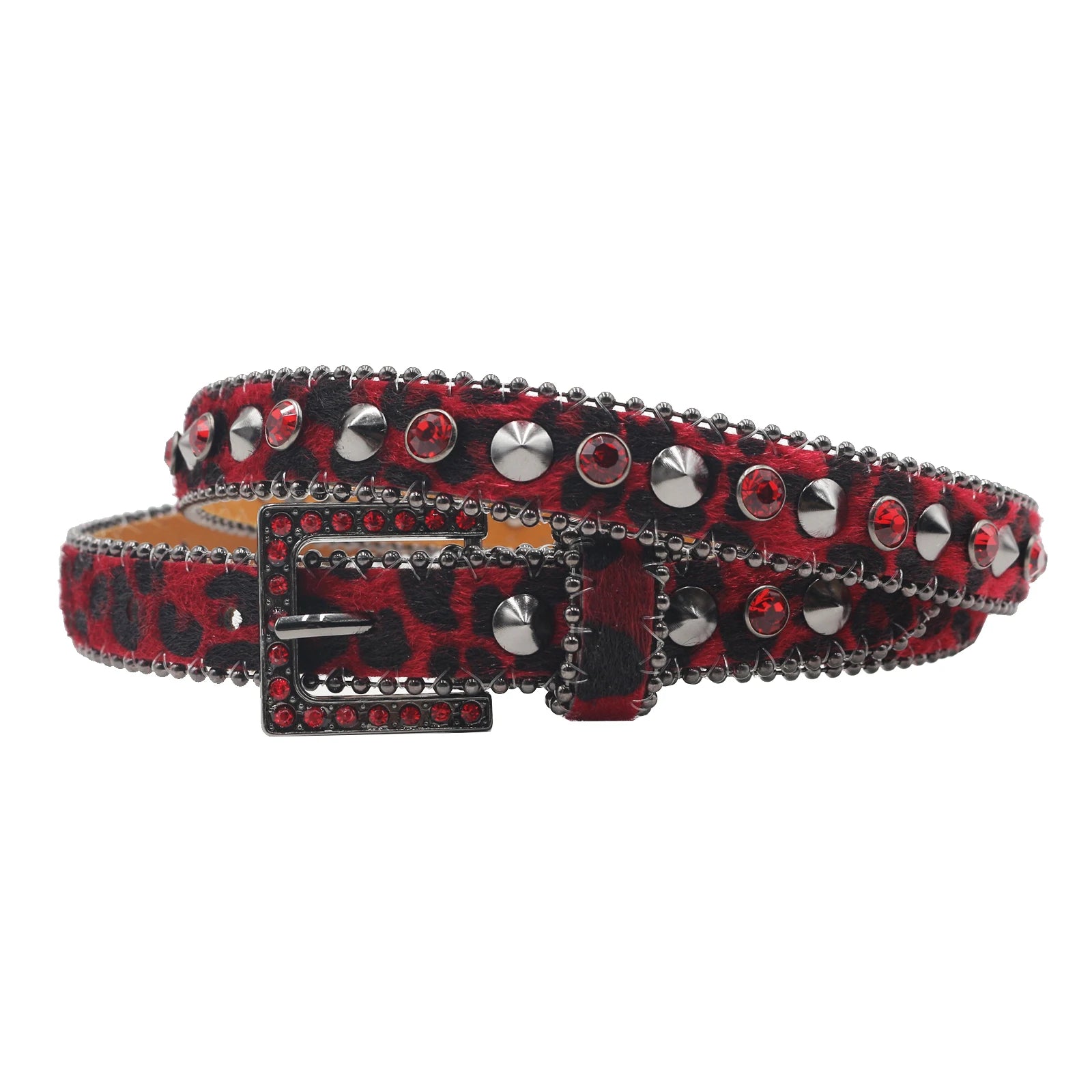 Women’s Rhinestone Leopard Belt – Western Crystal Square Buckle belt LUNARITY GARAGE BW-Red 95CM
