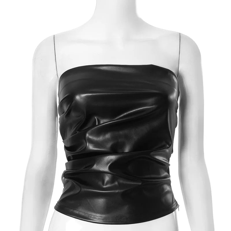 Wine Red Strapless Leather Top – Sexy Slim Fit Party Top Tops LUNARITY GARAGE