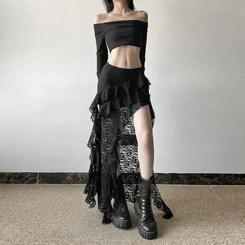 Punk Goth Skirt for Women – Dark Asymmetrical Ruffled Lace High Waist Skirt Skirts LUNARITY GARAGE
