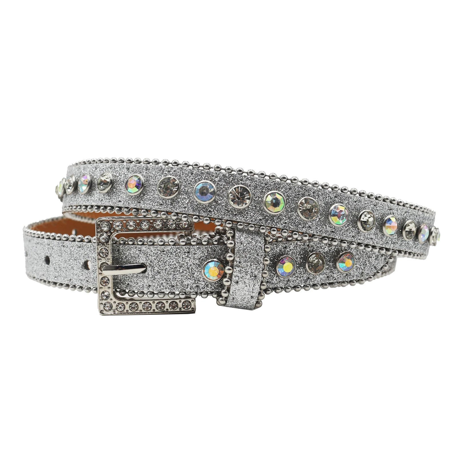 Women’s Rhinestone Leopard Belt – Western Crystal Square Buckle belt LUNARITY GARAGE Shiny Silver 95CM