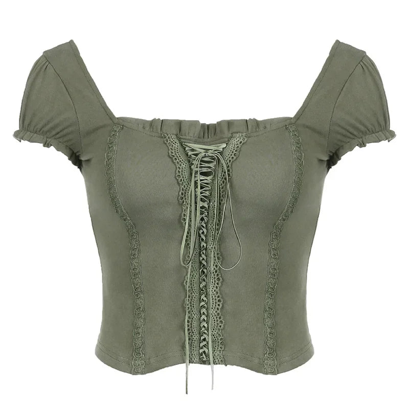 y2k Green Lace Crop Top Trim Square Collar Short Sleeve T Shirt Women Fairycore Balletcore Chic Tee Summer Korean 90s crop top LUNARITY GARAGE Green S