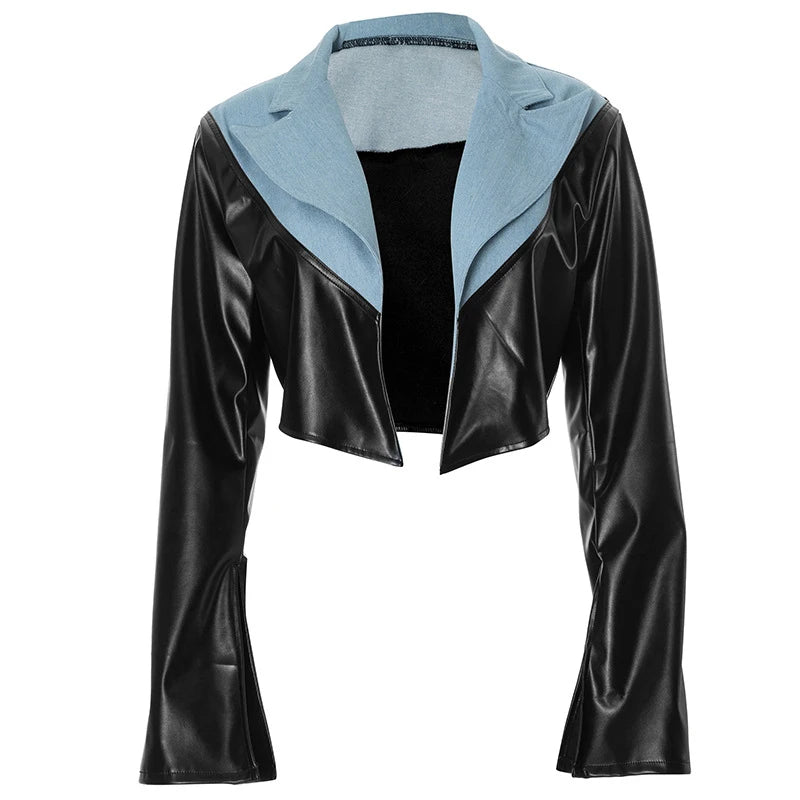 PU Leather Patchwork Denim Crop Jacket – High Street Trendsetter for Women Jackets LUNARITY GARAGE