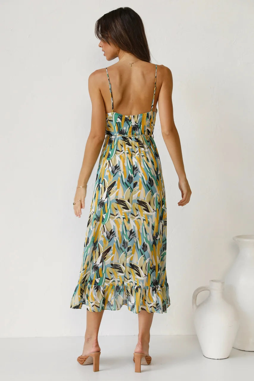 Bohemian Floral Print Mid-Calf Dress - Spaghetti Strap Sexy Casual Sundress Dress LUNARITY GARAGE