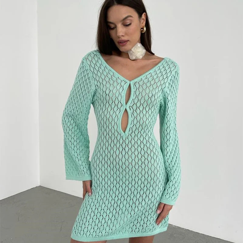 Long Sleeve Cut Out Backless Crochet Knitted Tunic | Beach Cover-Up Dress for Women cover up LUNARITY GARAGE
