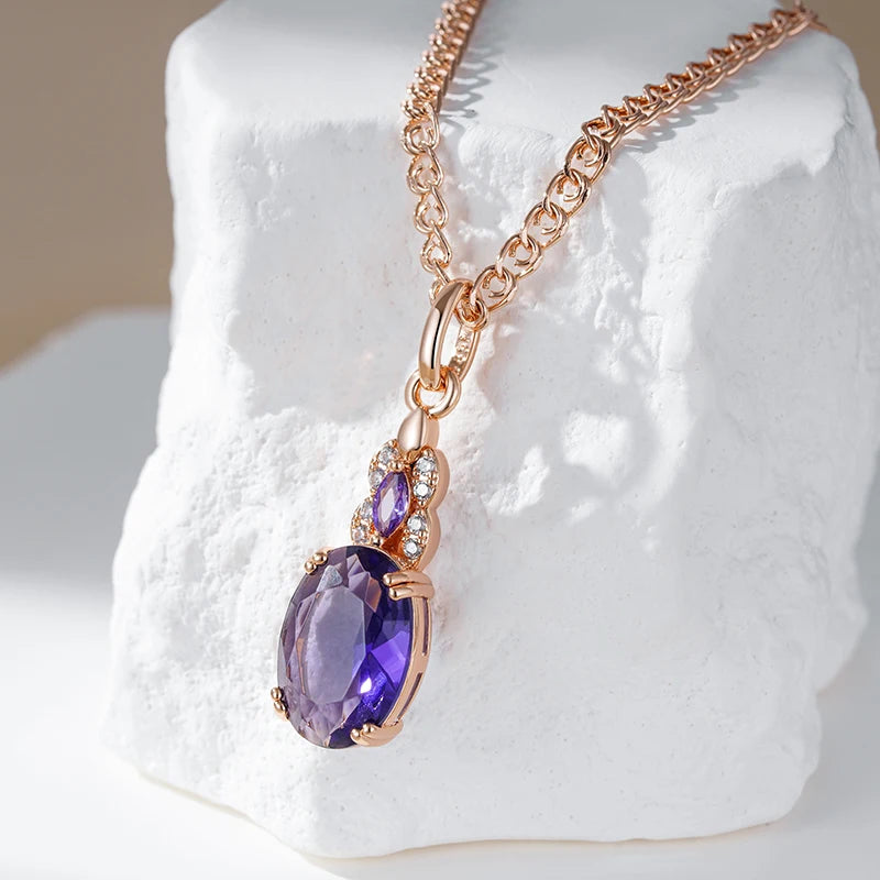 Sparkling Purple Oval Zircon Pendant Necklace – Rose Gold Vintage Jewelry for Women Necklace LUNARITY GARAGE   