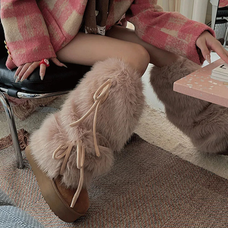 Punk Bow Tie Faux Rabbit Fur Leg Warmers – Y2K Winter Plush Boot Covers for Cold Weather Leg Warmers LUNARITY GARAGE   