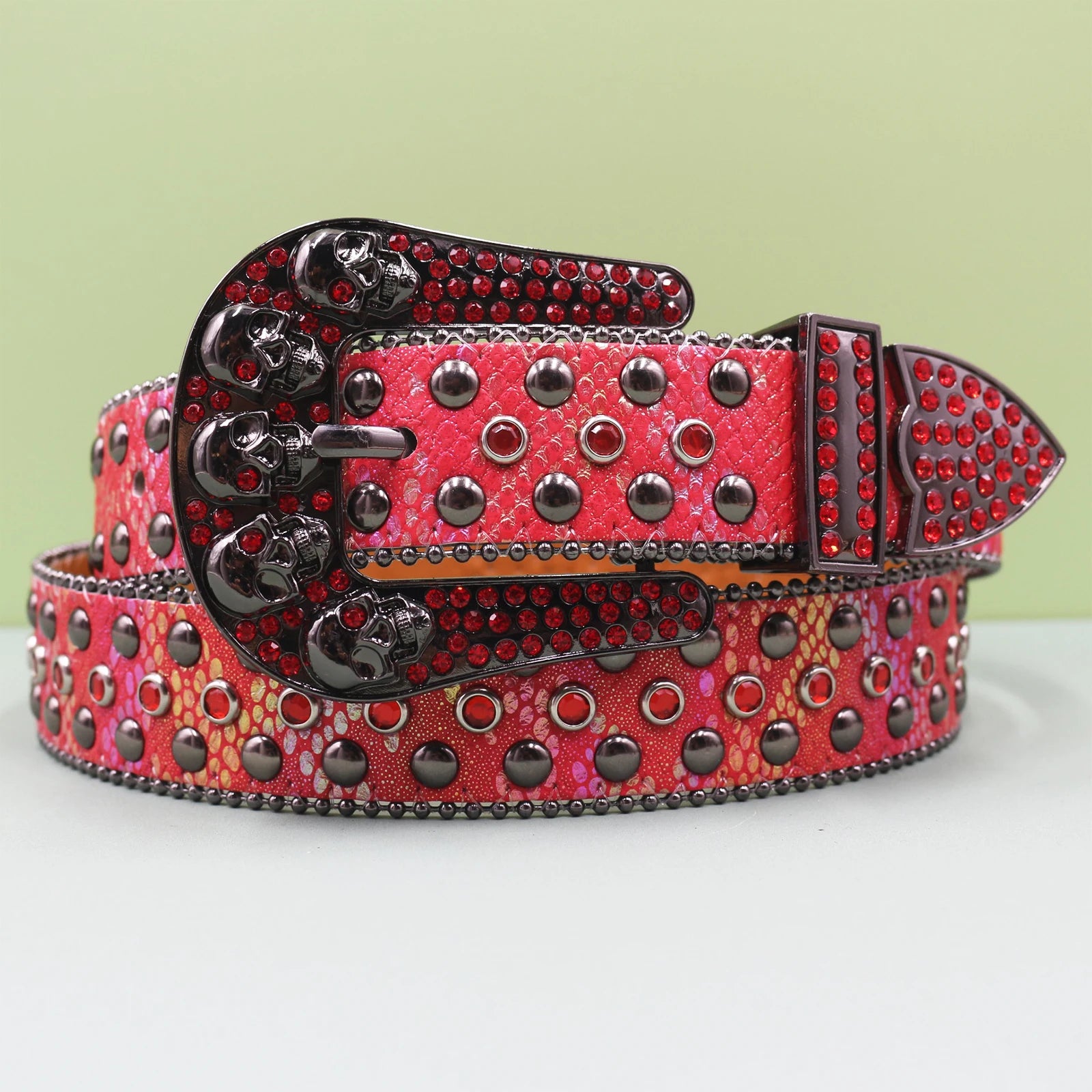 Women’s Punk Skull Pin Buckle Belt – Vintage Rivet Style belt LUNARITY GARAGE Red 115CM